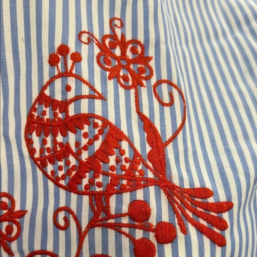 Crown & Ivy Blue Striped Blouse with Orange Floral Design